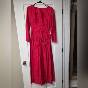 Classic Long Sleeve Red Dress with Floral Texture